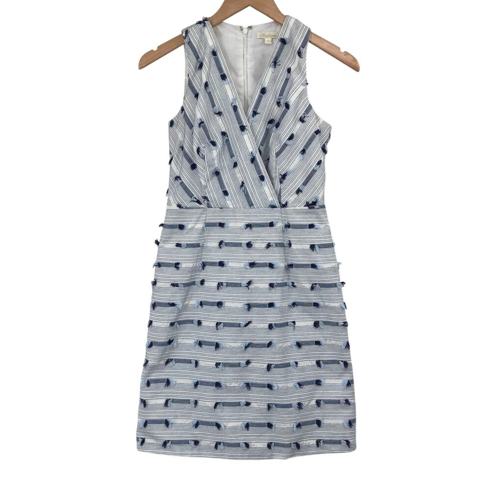 Shoshanna Size 0 Blue White Textured Tassel Stripe Sheath Dress Sleeveless